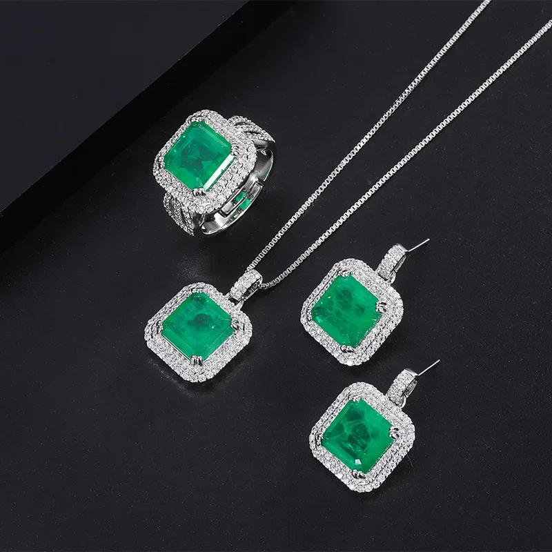 

Charm Designer Emerald Stone Square Pendant Necklace Earring Open Adjustable Ring Set Women Wedding Accessories Anniversary Gift