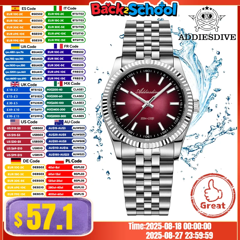 ADDIESDIVE 36mm Men Watch Jubilee Strap 10Bar Diving 316L Stainless Steel Sapphire Crystal BGW9 Super Luminous VH31 Quartz Watch