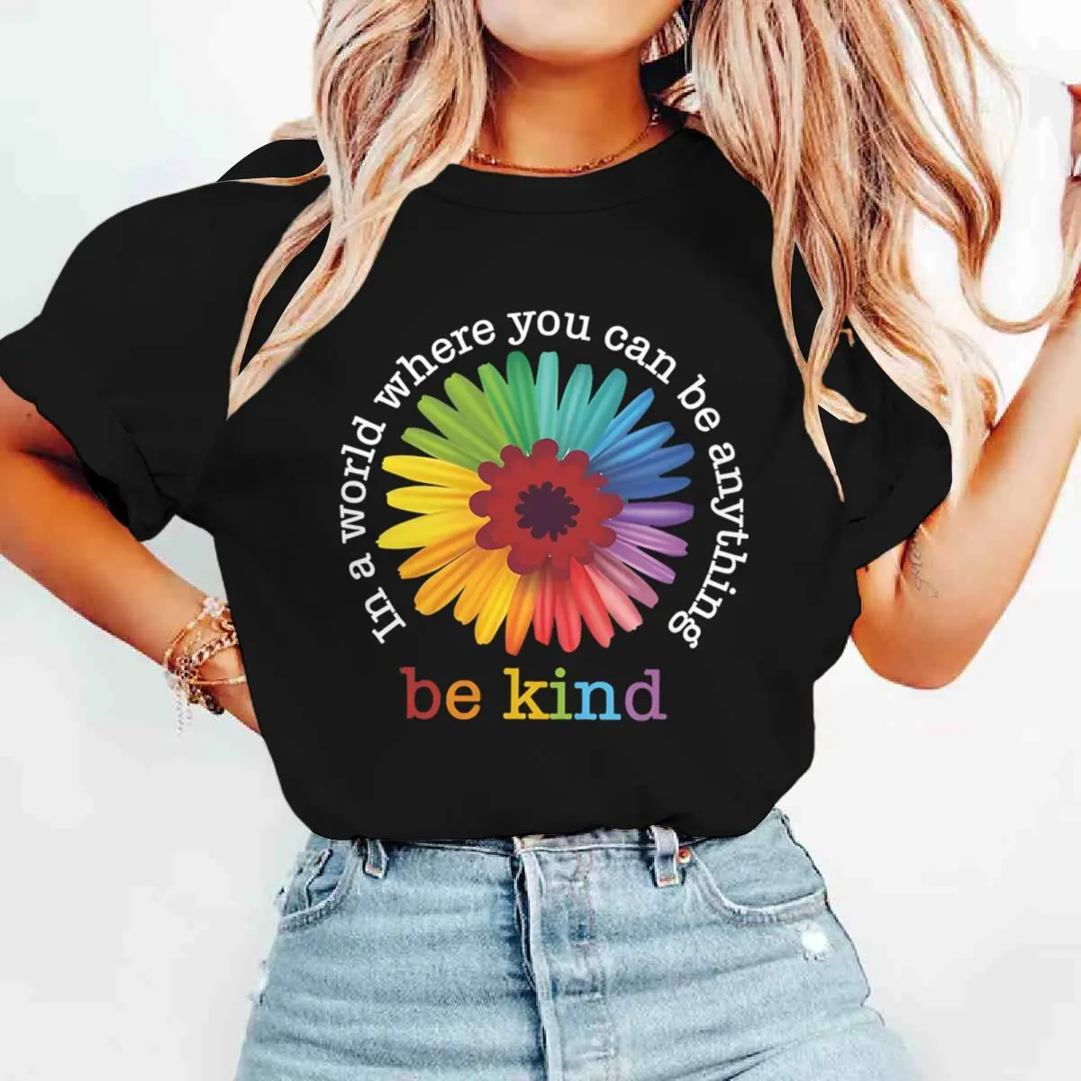Be Kind Shirt Rainbow Pride Month Tops Fashion Casual T Shrit in A World Where You Can Be Anything Graphic Tee Unsiex Clothes