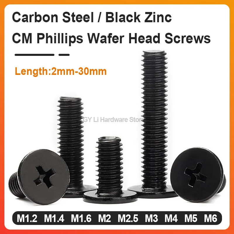 Black Zinc CM Wafer Head Phillips Screws M1.2 M1.4 M1.6 M2 M2.5 M3 M4 M5 M6 2-30mm For Notebook Laptop Digital Hardware Fastener