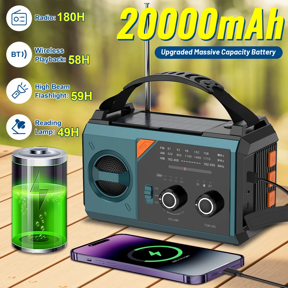 20000mAh Emergency Radio AM FM NOAA Hand Crank Solar Weather Alert Radio SOS Alarm Compass Cell Phone Charger Radio for Outdoor