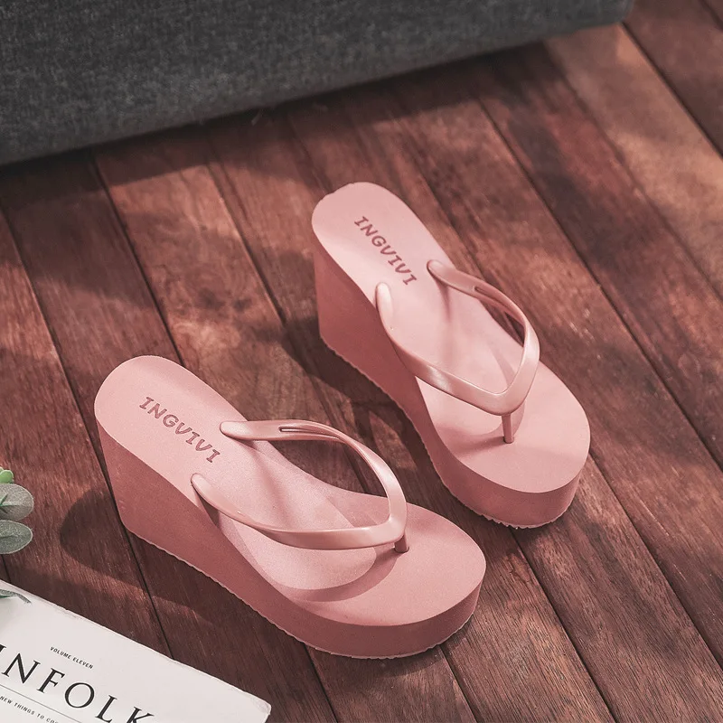 Summer women's shoes beach flip-flops platform sandals high-heeled sandals solid color skateboard 2023 slippers women heels