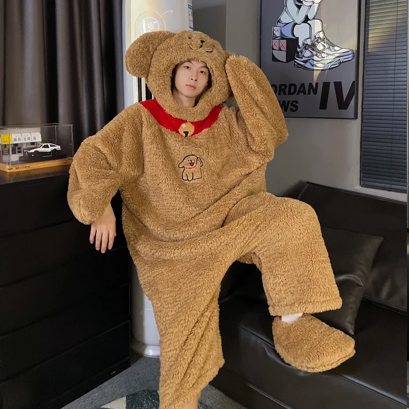 Women bodysuit cartoon Dog Coral Velvet Men Nightgown Cute Korean Pajamas Hooded Funny Anime Sleepwear boyfriend Homewear