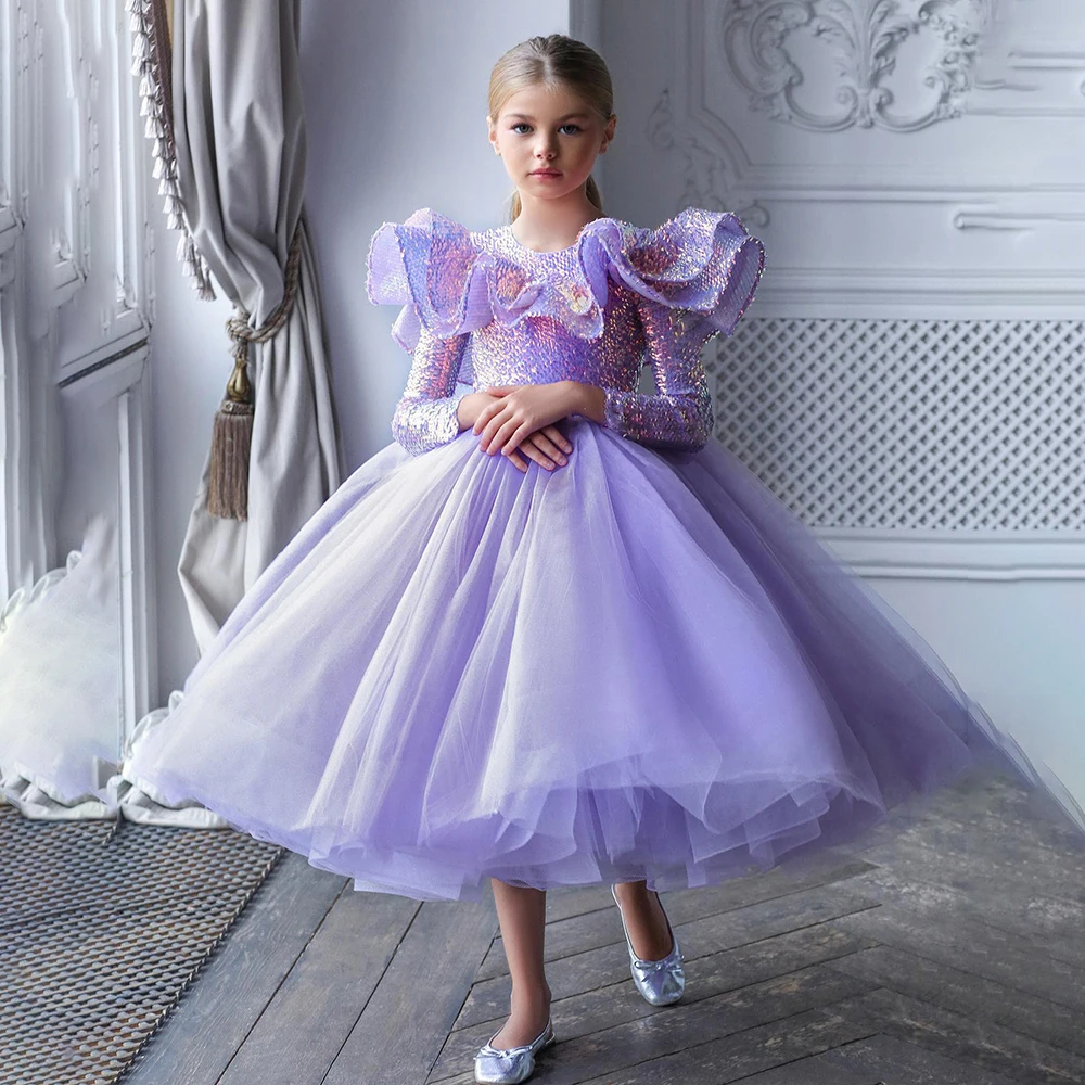 

2023 Puffy Glitter Girl Dress Tea Length Princess Dres Flower Girl Dresses Cute Baby Girl Dress Girl Birthday Party Dresses