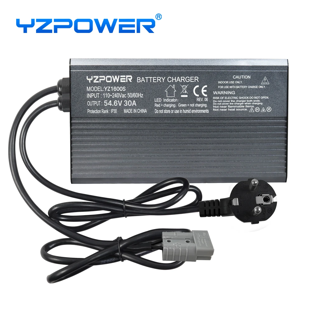 YZPOWER 54.6V 30A lithium battery charger 13S 48V high power DC charger high efficiency charging with cooling fan