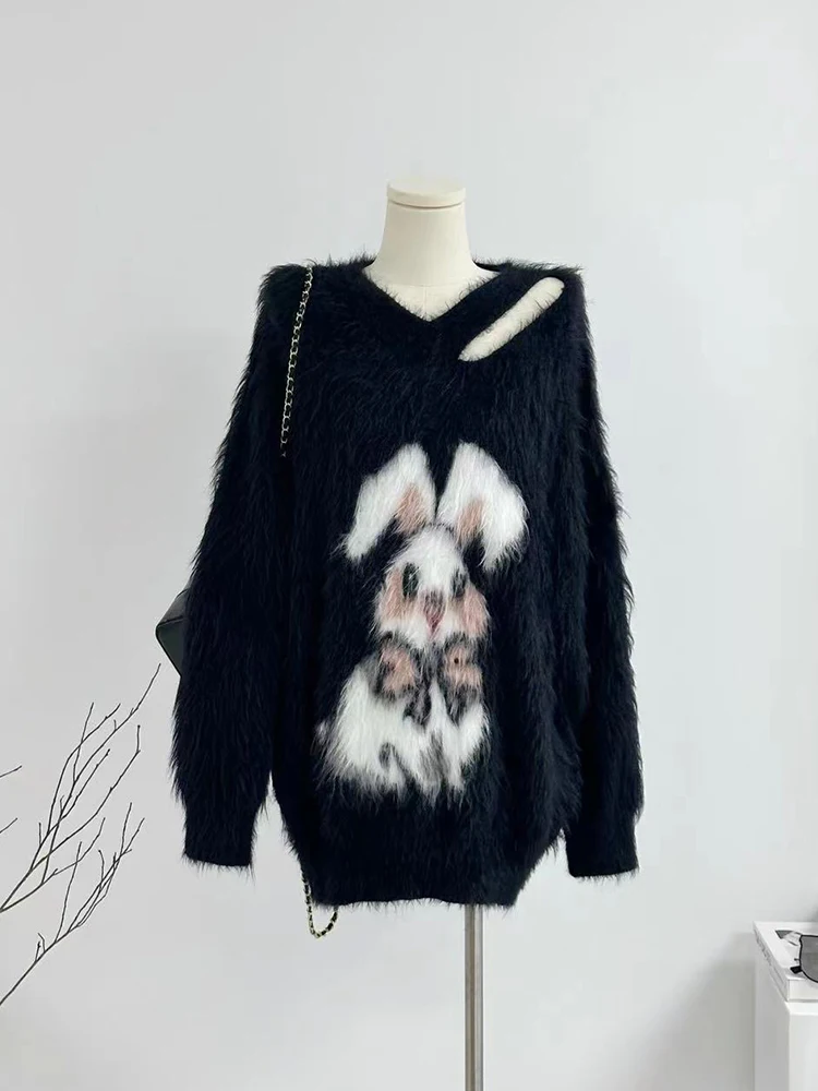 Fashion Simple V-Neck Classical Pullover Black Kawaii Plush Rabbit Print Sweater Chic Streetwear Jumper Gothic Autumn Winter Y2K