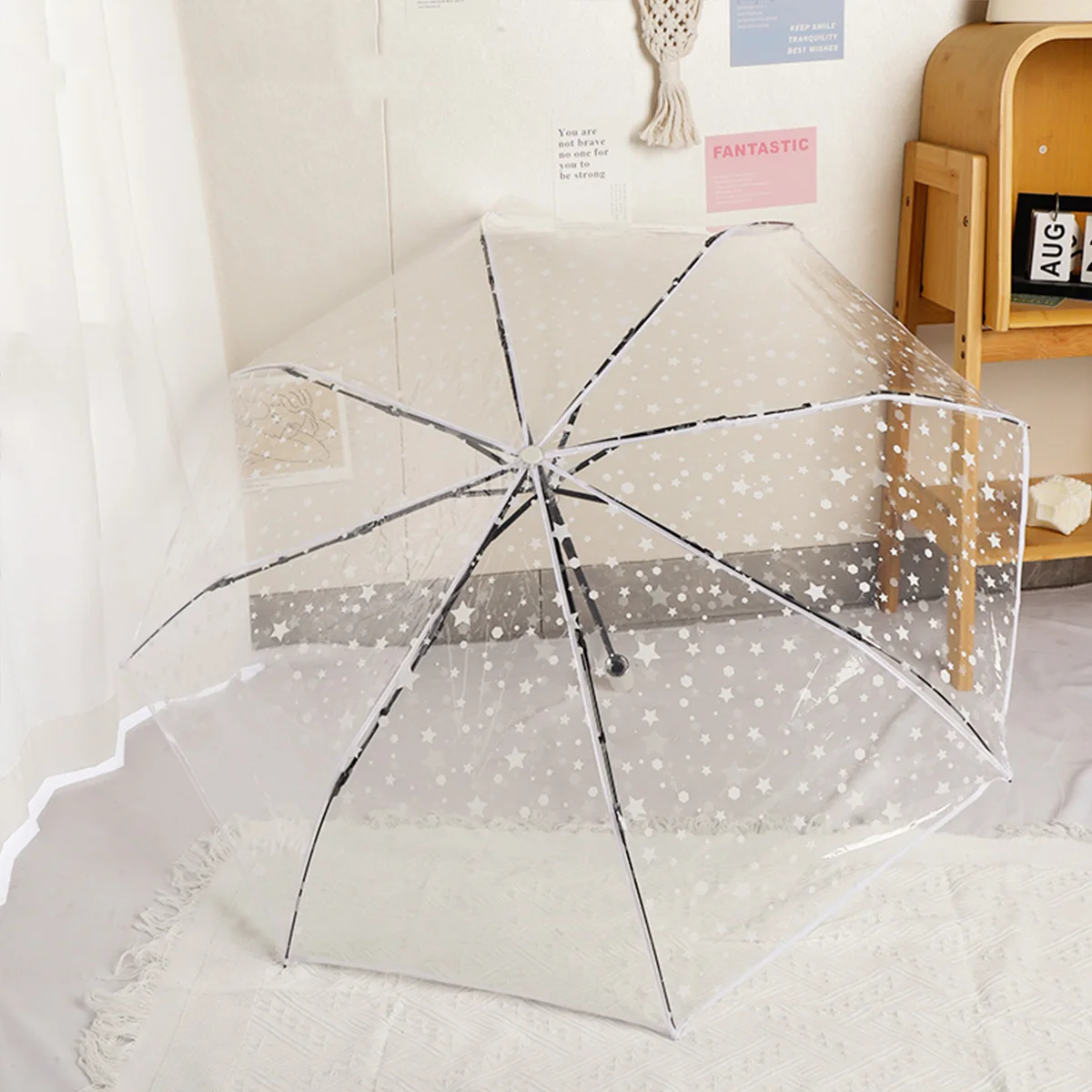 1 Piece of Transparent Umbrella with White Star Pattern Pvc Material, Waterproof and Windproof, Portable Umbrella, Suitable for Travel and Work