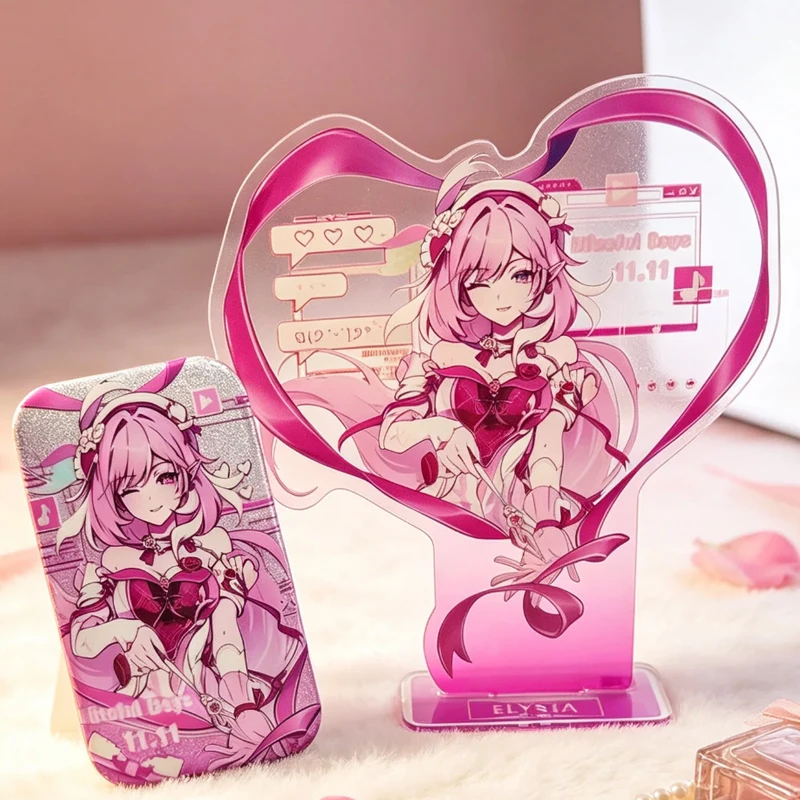 2Pcs/Pack Elysia Herrscher Of Human: Ego Doujin Pink Heart Acrylic Stand Square Double Flash Tinplate Badge Peripheral Gift