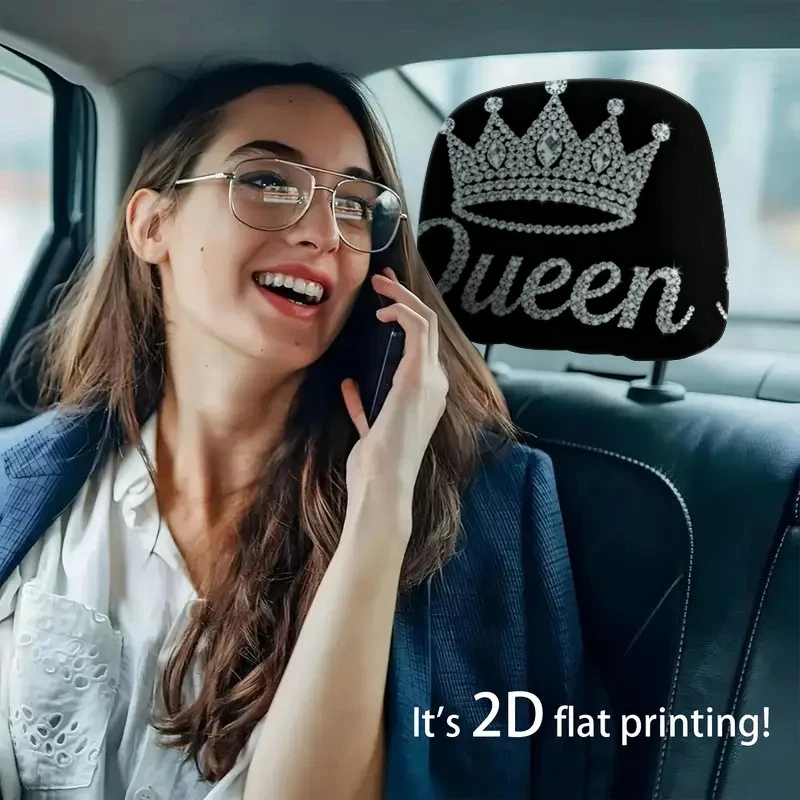 2Pcs Queen Crown Diamond Pattern Car Headrest Covers 2D Stretch Polyester Washable Easy Install Auto Interior Decor