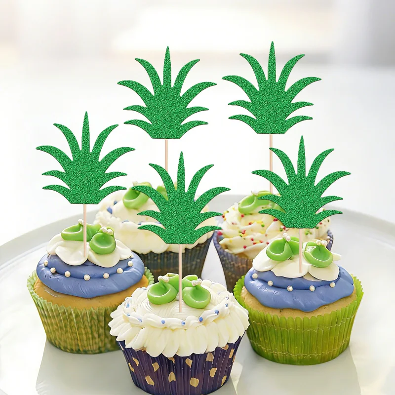 YOMDID 24Pcs Glitter Pineapple Leaf Cake Picks Leaves Cupcake Toppers Decorations for Summer Luau Hawaiian Party Supplies - view 2