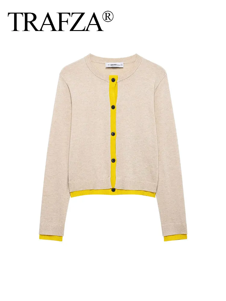 HH Women's Fashion Round Neck Single-breasted Street Long-sleeved Jacket Female Spliced ​​contrasting Knitted Casual Jacket 2