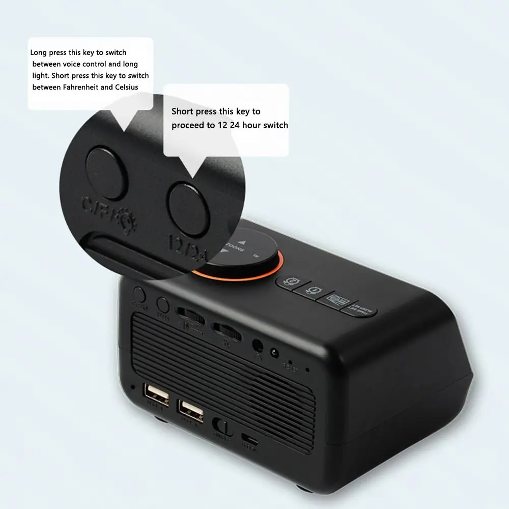 

Регулируемый по громкости FM-радиоприемник, светодиодный будильник, USB-зарядка, термометр, маленькие цифровые часы, функция памяти, гигрометр, таймер сна