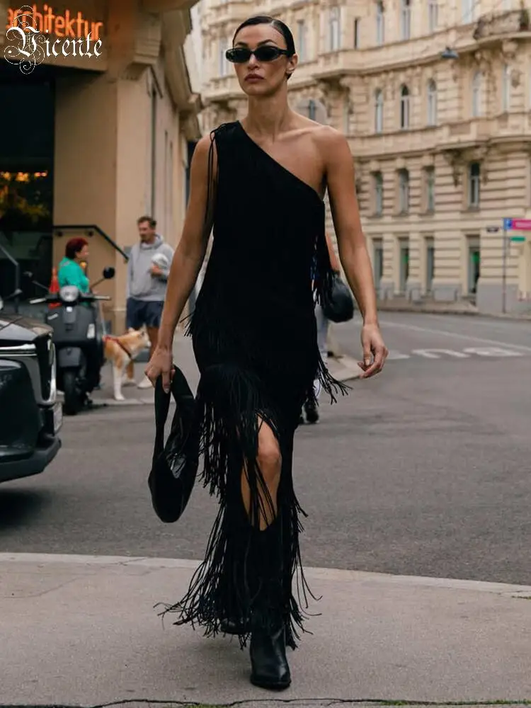 

VC One-Shoulder Fringe Maxi Dress for Women – Elegant Tassel Evening Gown Bodycon Slim Fit Cocktail Party Formal Wear
