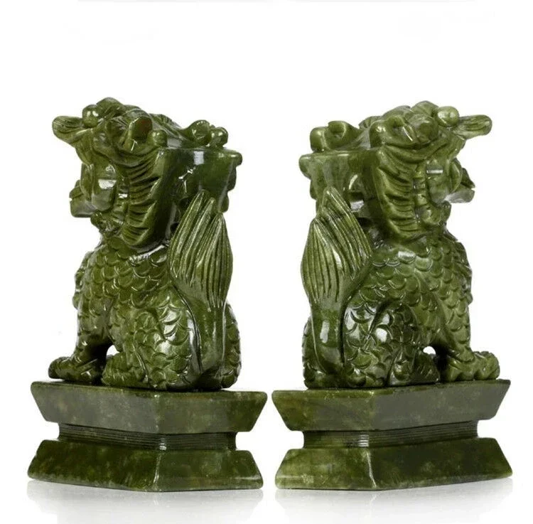 A Pair 100% Natural China Green Jade Carved Fengshui Kylin Qilin Chi-lin Beast