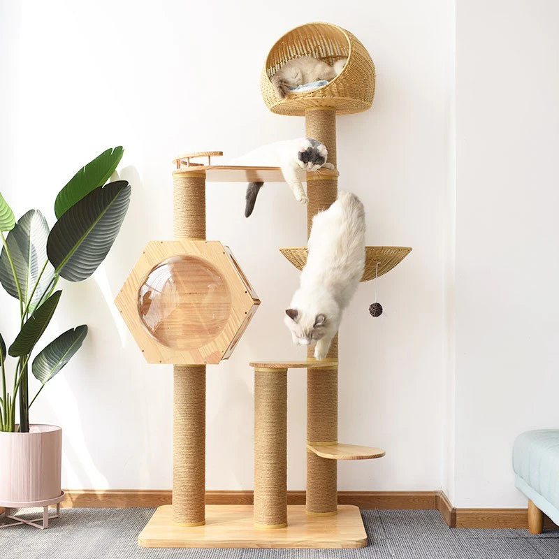 Interactive Toy Natural Color Sisal Rope Wooden Modern Cat Tree Tower