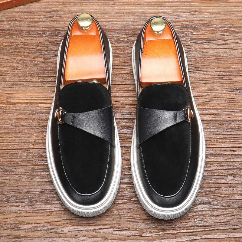 Men\'s Suede Casual Shoes Embossed Leather Men Fashion Buckle Loafers Mens Slip-on Board Shoes Outdoor Flats Big Size 38-46