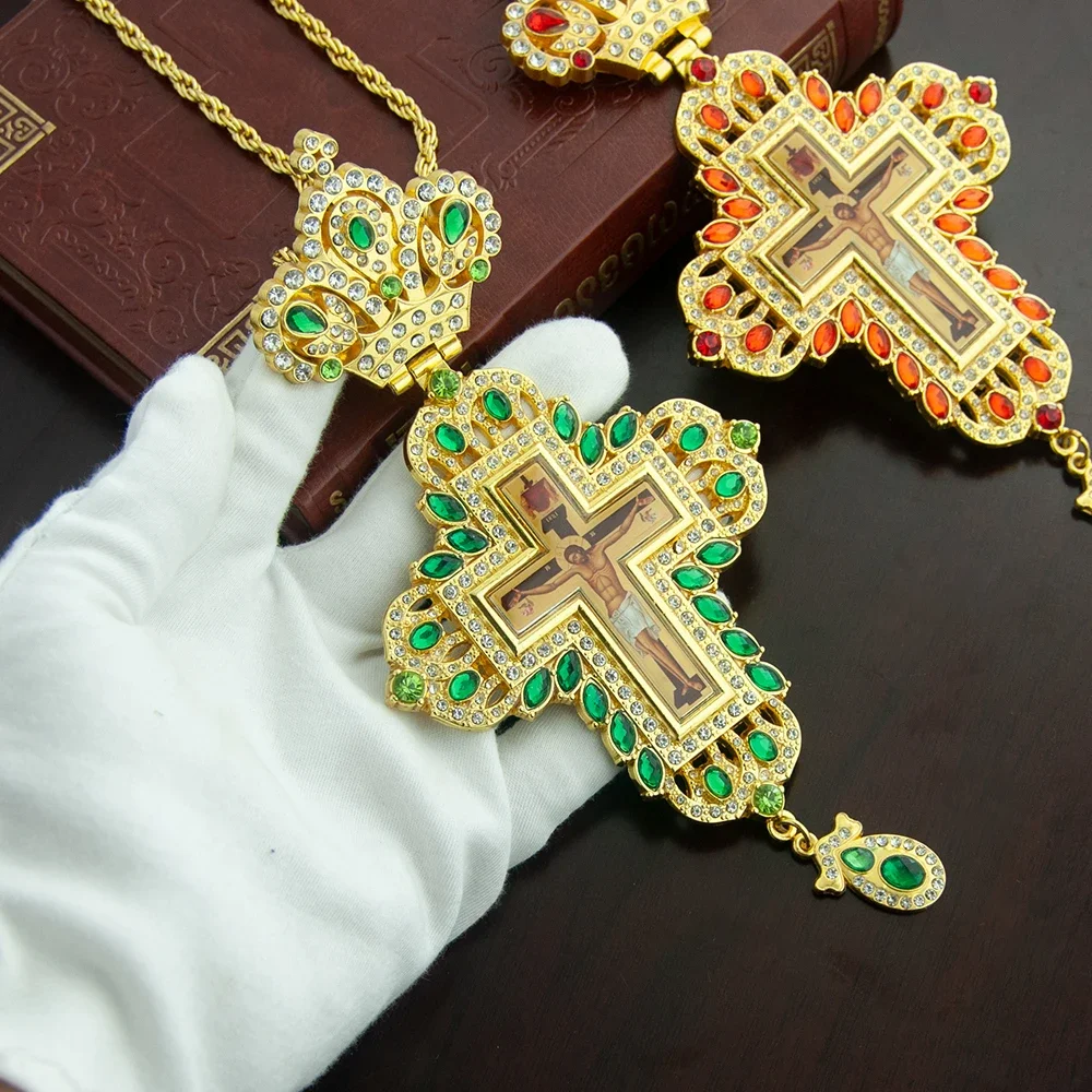 HTISOK Orthodox Cross Pendant Gold Plated Jesus Crucifix Cross with Gemstone Sacred Jewelry Baptism for Religious Decor & Gift