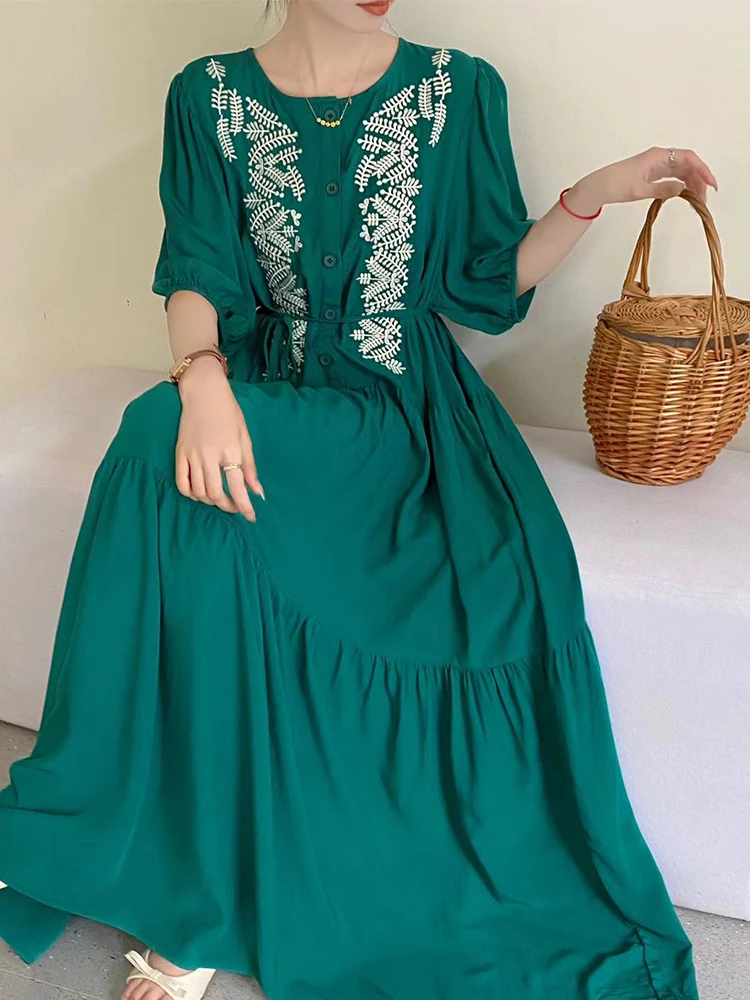 Retro Ethnic Crewneck Vestidos Embroidered Jacquard Knee-length Ruffled Robe Short-sleeved Dress South Korea Chic Summer Female