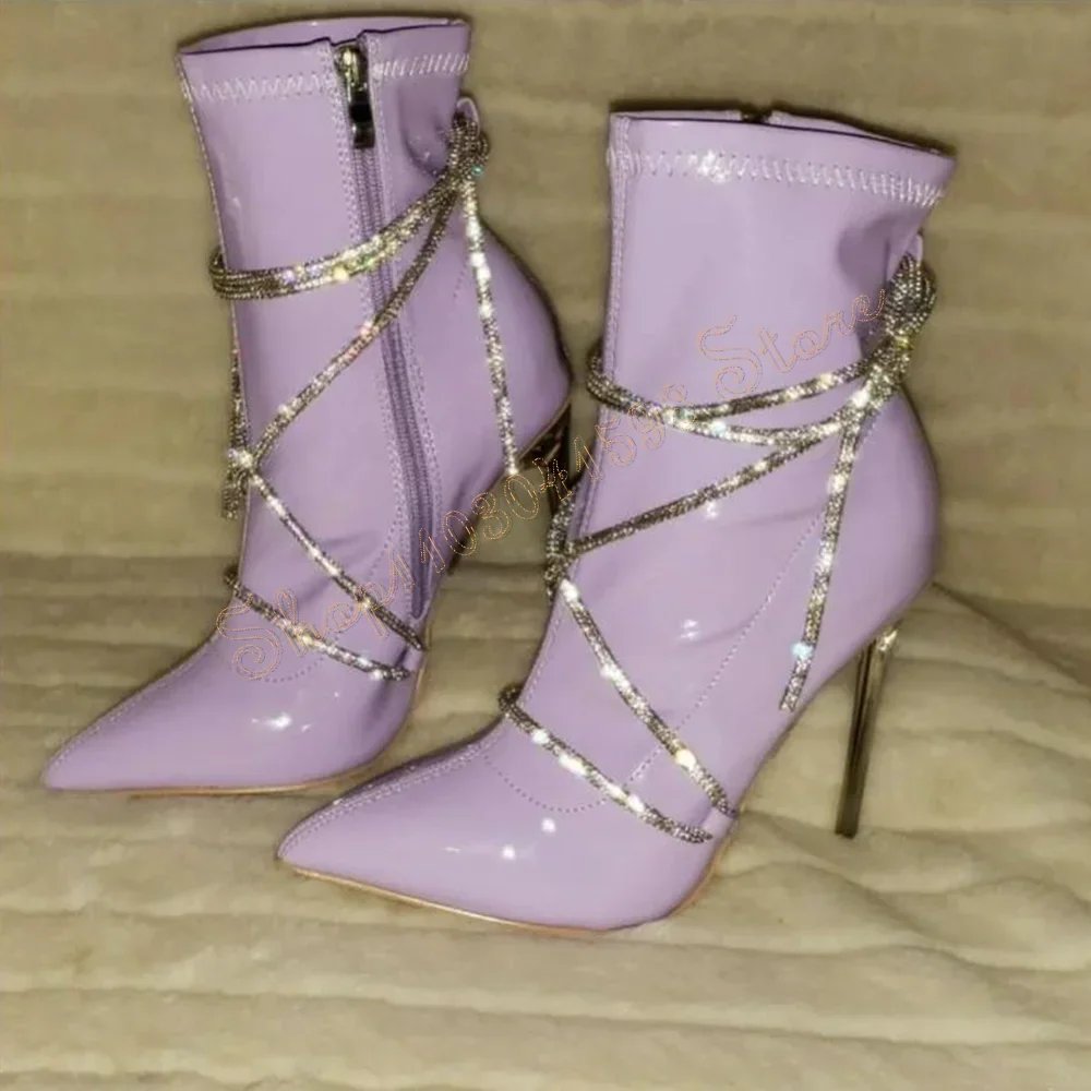 

Purple Side Zipper Crystal Strap Boots Pointed Toe Thin High Heels High Heel Shoes for Women Heels 2025 New Zapatos Para Mujere