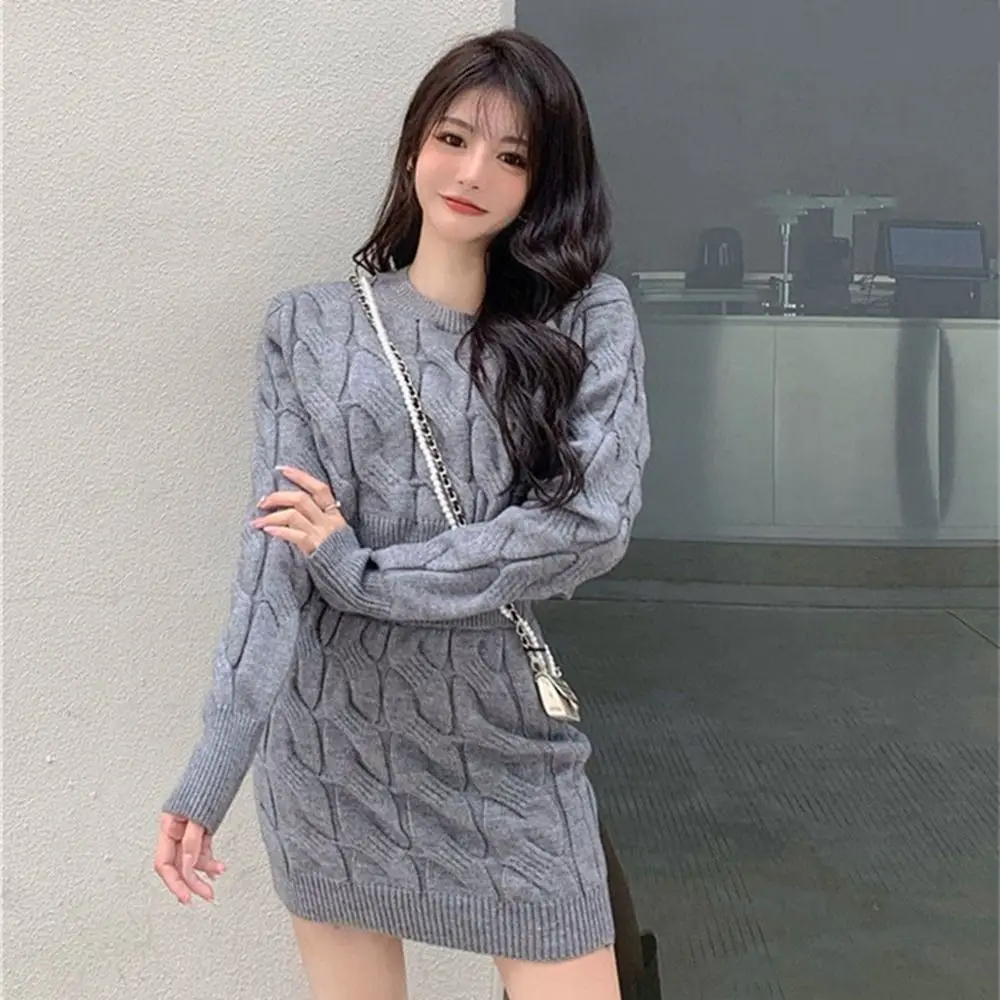 Setelan Sweater Streetwear, rok pembungkus lengan warna Solid, tebal, lengan panjang, Sweater keinginan pendek, rok pinggul ramping pinggang tinggi, pakaian rajut