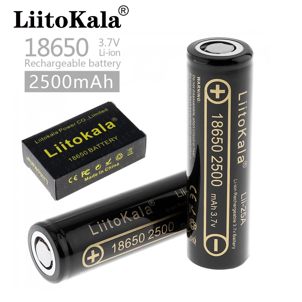 LiitoKala Lii-25A 18650 2500mAh بطارية بطارية قابلة للشحن INR18650 2500mah 20A التفريغ بطارية ليثيوم أيون بطارية الخليوي 15A