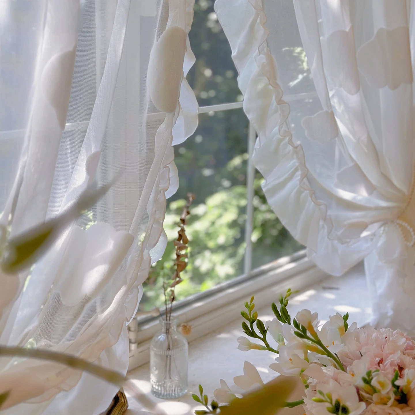 Korean Retro Lace White Sheer Curtain For Small Windows,Cute Cloud Jacquard Sheer Voile For Bedroom, Soft-colored Drapes
