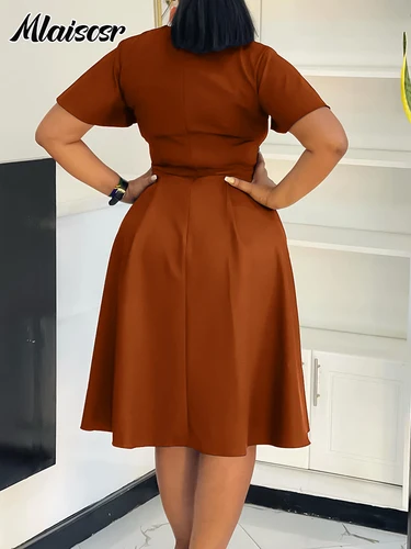 Imagen 2 del producto Mlaiscsr-vestidos mediados de oficina para mujer, cuello en V, manga corta, moda de noche, cumpleaños, elegante, línea A, bata holgada con vendaje 2025