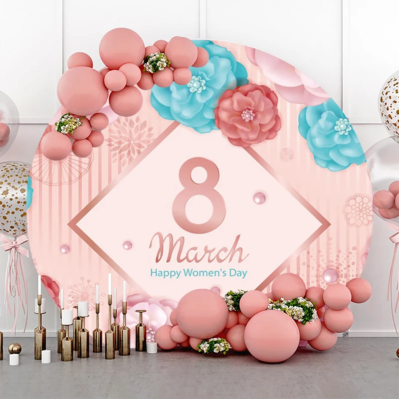 Womens Day Backdrop Round Cover Pink 8 March Decoration Party Paper Flower Photo Backgrounds for Photography Fabric Cloth Circle