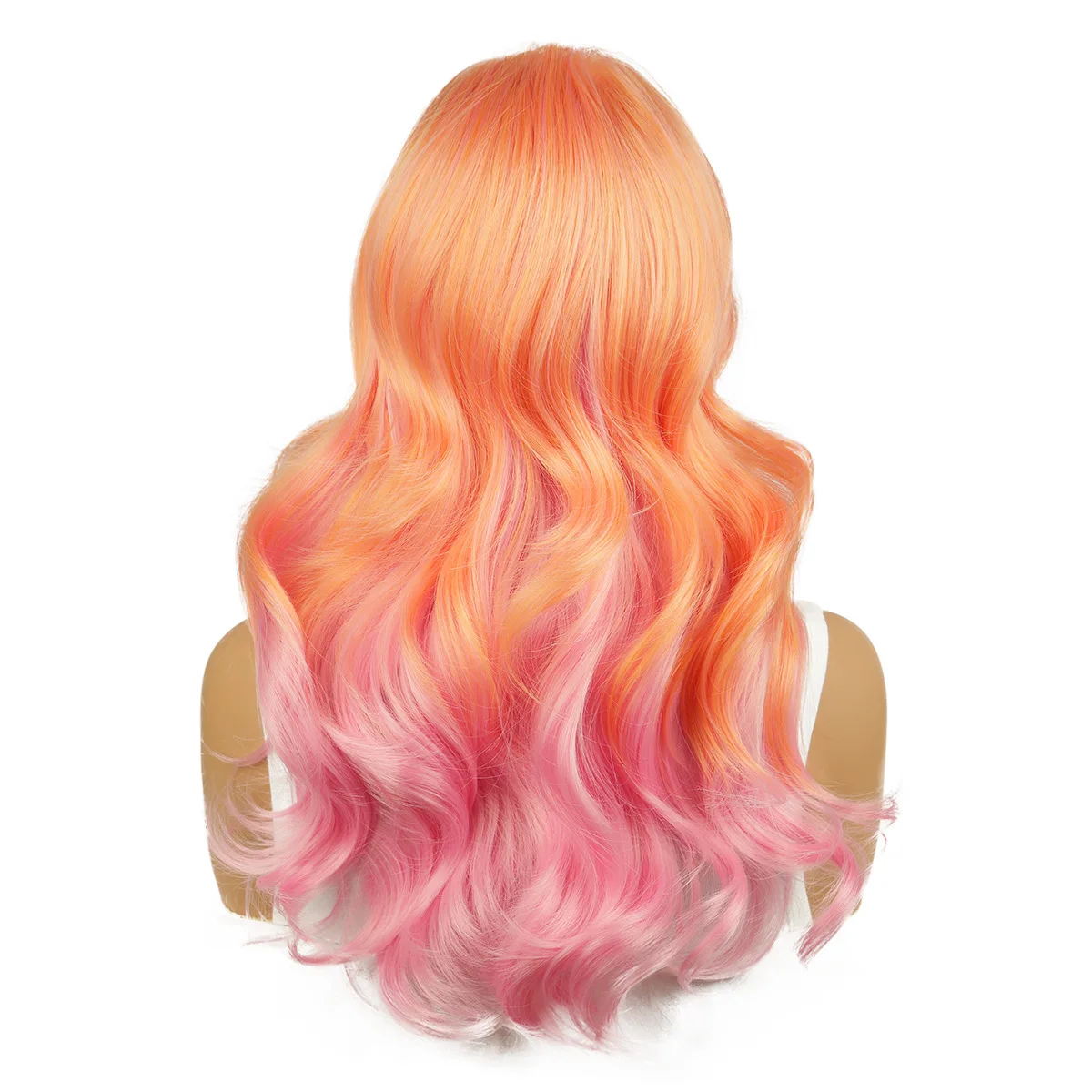 Orange pink highlights wavy partial wig female long curly hair chemical fiber full head cover coswig
