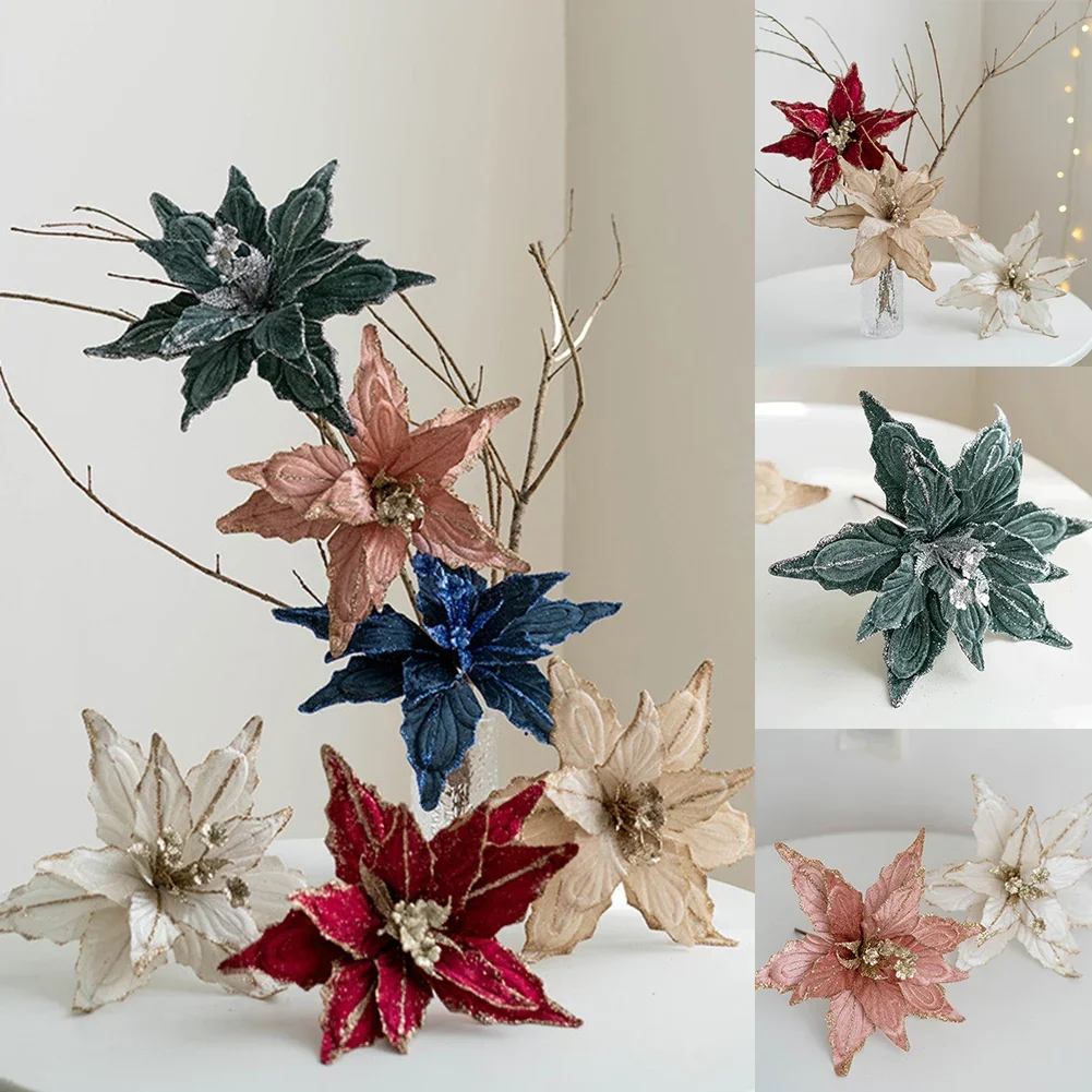 1Pc Christmas Flower 28cm Christmas Poinsettia Glitter Flower Hanging Xmas Party Tree Decoration Simulated Christmas Flowers