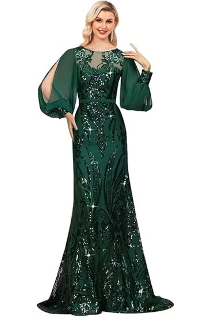 

Sequin Mother of The Bride Dress for Wedding Long Sleeve Mermaid Formal Prom Dress