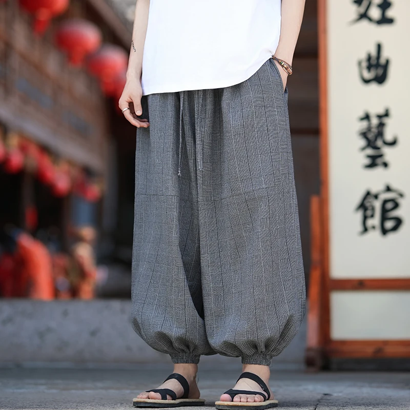

2025 Spring Summer Men Fashion Casual Lattice Pants Men Solid Color Breathable Loose Trousers Men Streetwear Wide Leg Pants