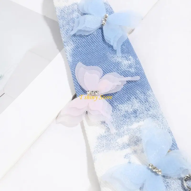 N58F Butterfly Accent Necktie for Men, Women, and Teens with Chain Grommets, and Blue White Pattern for Street Wear