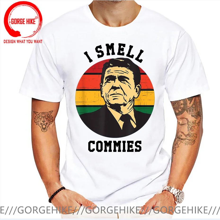 I Smell Commies Ronald Reagan Funny Retro Vintage Art T-Shirt Man Tshirts Tops Tees Company Cotton Customized Geek Men Tee Shirt