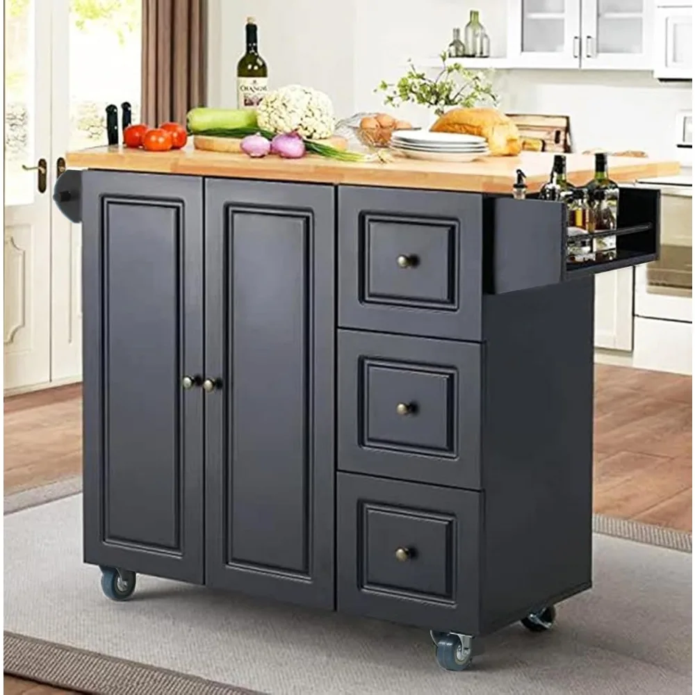 Kitchen cart, rolling cart with storage, portable kitchen island with fallen leaves, black kitchen cart on wheels