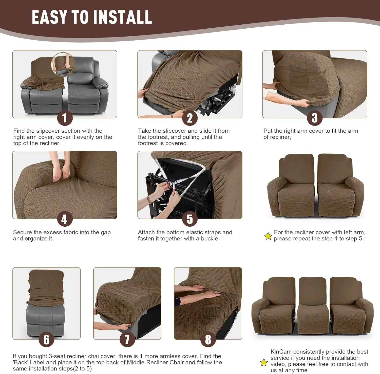 Stretch Recliner Covers, Jacquard Sofa Slipcovers for Pet and Kid Protection, 3-Seater Brown
