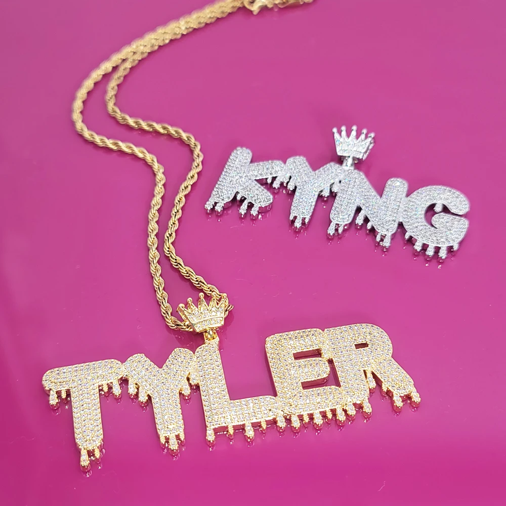 CUSTOM Crown Bail Drip Bubble Letters Pendant Necklaces Personalized Nameplate Necklace Gifts for Him Bling Hip Hop Jewelry