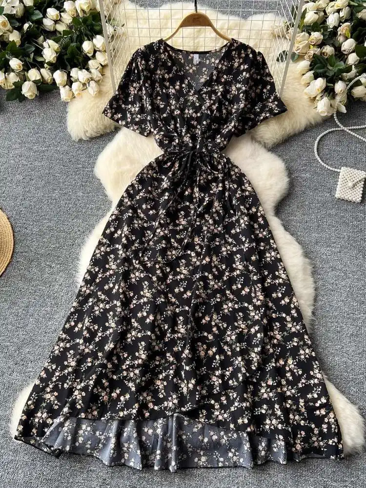 レディースプリントビーチドレス 夏 セクシー Vネック レースアップ 半袖 花柄ワンピース フレンチスリム Aライン ボヘミアン ロングローブ ワンピース