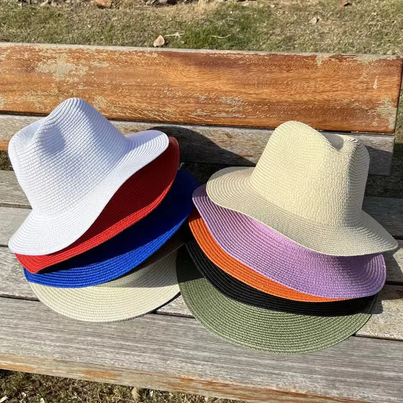 Fedora de paja sólida unisex, sombrero de jazz para hombres y mujeres, venta al por mayor, sombrero de sol clásico, sombrero de vaquero para playa,