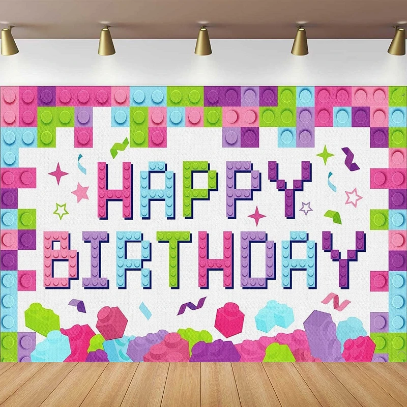 Photography Backdrop Building Blocks Birthday Decoration Banner For Girls And Boys Party Background Supplies Poster