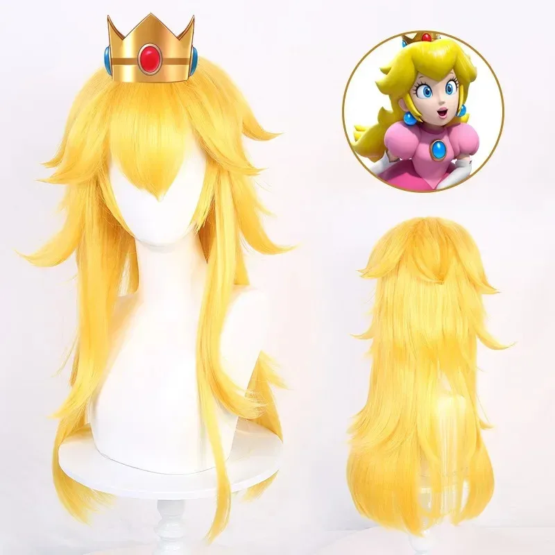 2025 22 Peach Princess SuperMario Cosplay Yellow Synthetic Long Curly Anime Coser Cute Girl Halloween Wig Daily Party