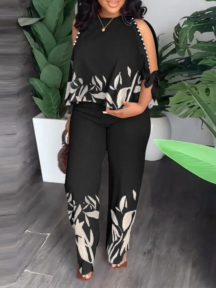 2 Piece Sets Women Outfit 2023 Summer Elegant 3/4 Sleeve O-neck Polyester Top Casual Straight Pants African Clothes for Women