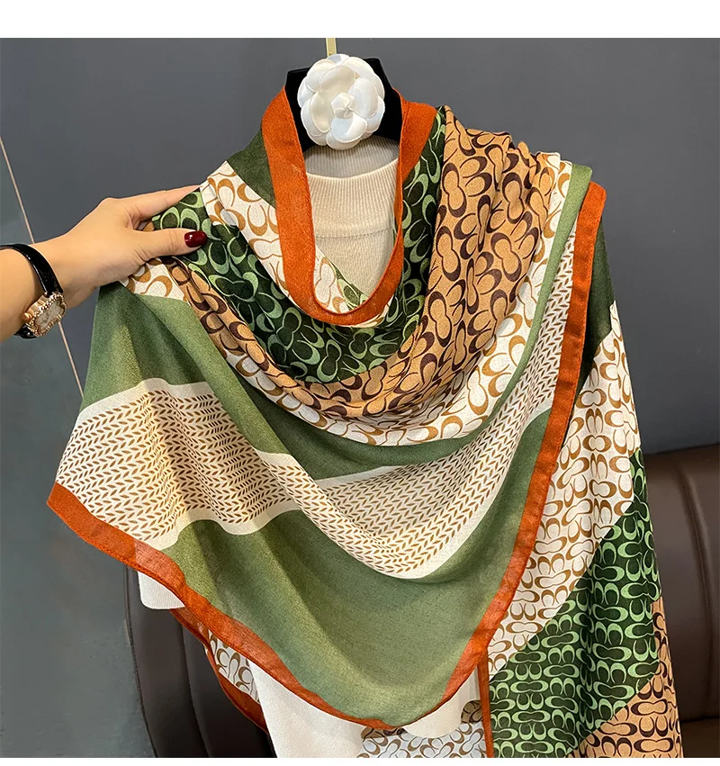 New Retro Camellia Fashion Cotton and Linen Feel Oversized Silk Scarf Gauze Female Summer air Conditioning Shawl Warm Scarf