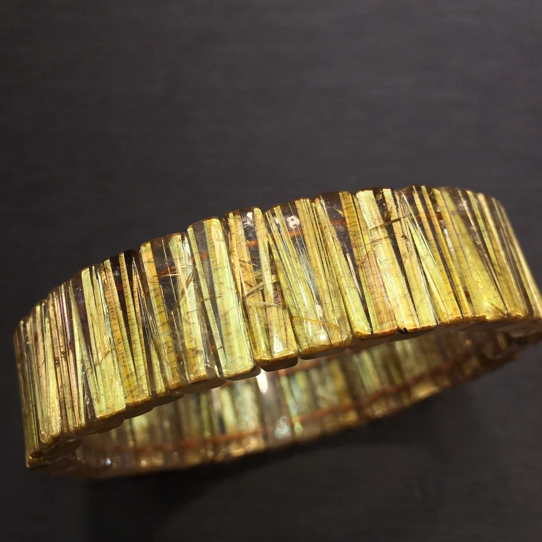 Natural Gold Rutilated Quartz Titanium Bracelet Bangle Jewelry Clear Rectangle 17x5.5mm Rutilated Bracelet AAAAAA