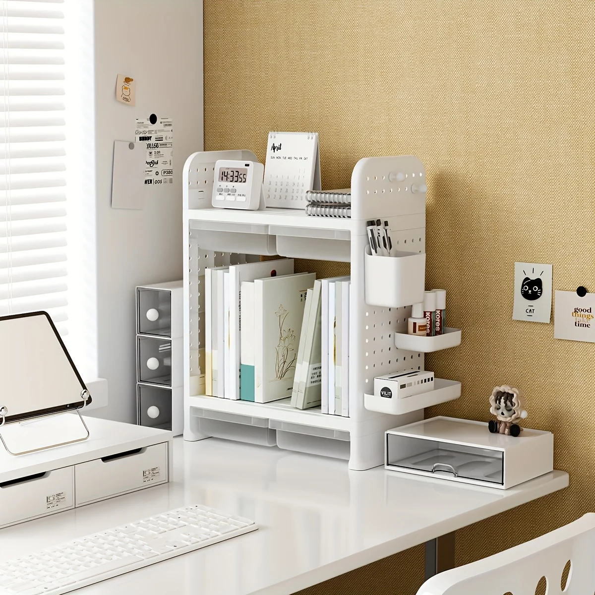

White Double-layer Desktop Storage Rack Organizer Office Desk Book Storage Shelf with Drawers Textbook Holder Pen Cup Bookstand