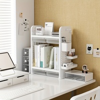 White Double-layer Desktop Storage Rack Organizer Office Desk Book Storage Shelf with Drawers Textbook Holder Pen Cup Bookstand