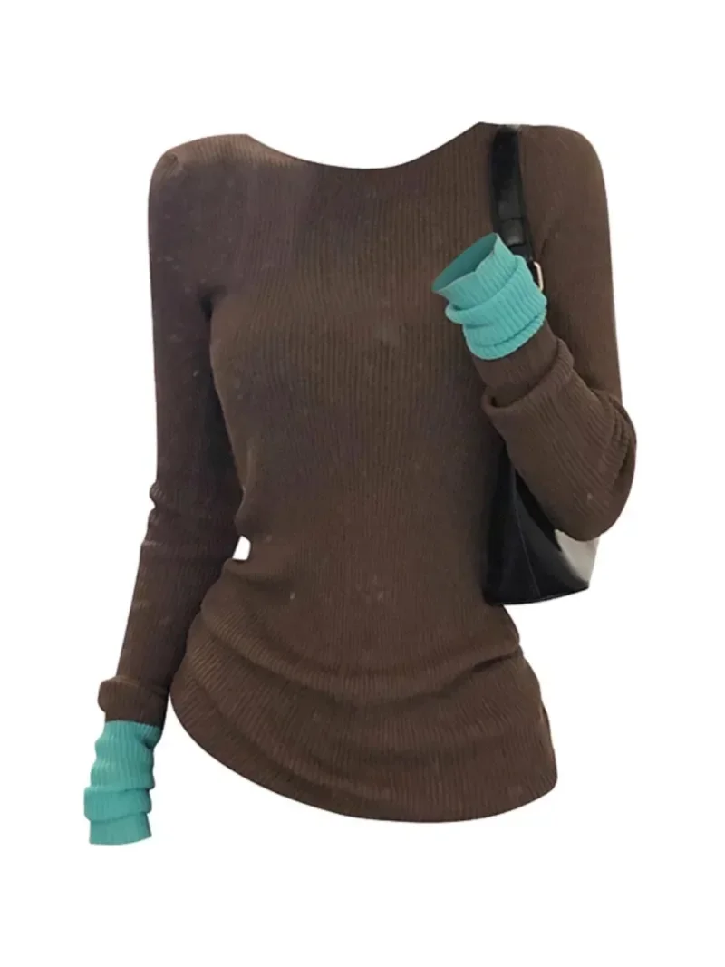 Chic Extend Sleeves Brown Sweater Sweet Women Color Blocking Spliced Sweater Autumn Winter Slim Basic Tops Korean Y2K Knitwear