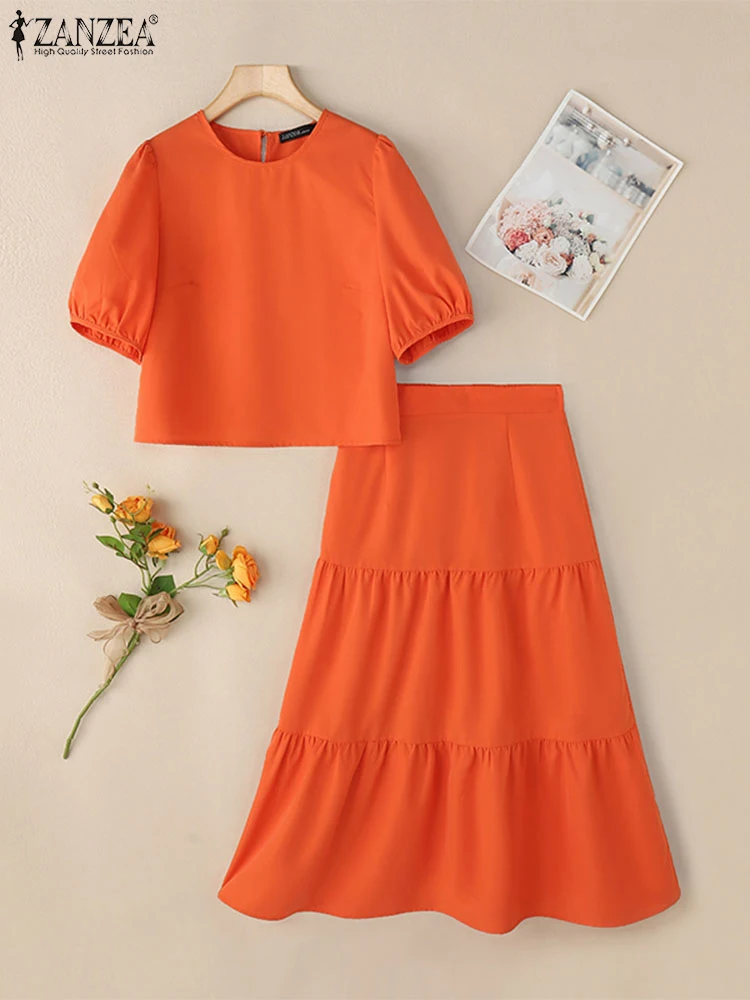 

2PCS Outfits Women Summer Dress Sets Short Puff Sleeve Tops Skirt Suit ZANZEA Elegant Solid Holiday Tracksuits Matching Set