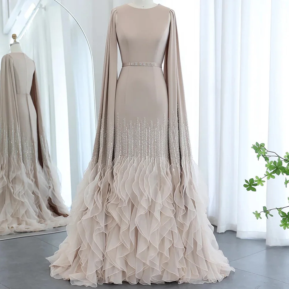 

Customized Exquisite Beading and Sequined Long Sleeves Evening Dress with Belt Elegant Jersey Sweep Train Zipper Back Prom Gowns