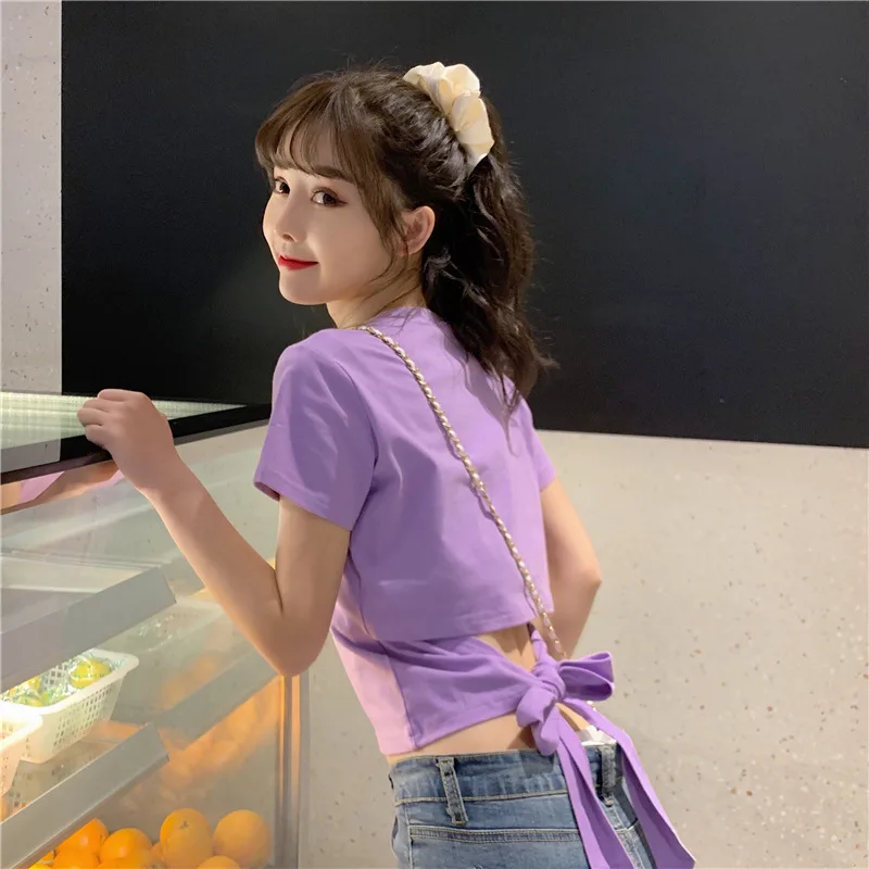 Women T-shirt 2024 New Korean Sweet Fashion Bow Backless Short O-neck Girls Ti-shir